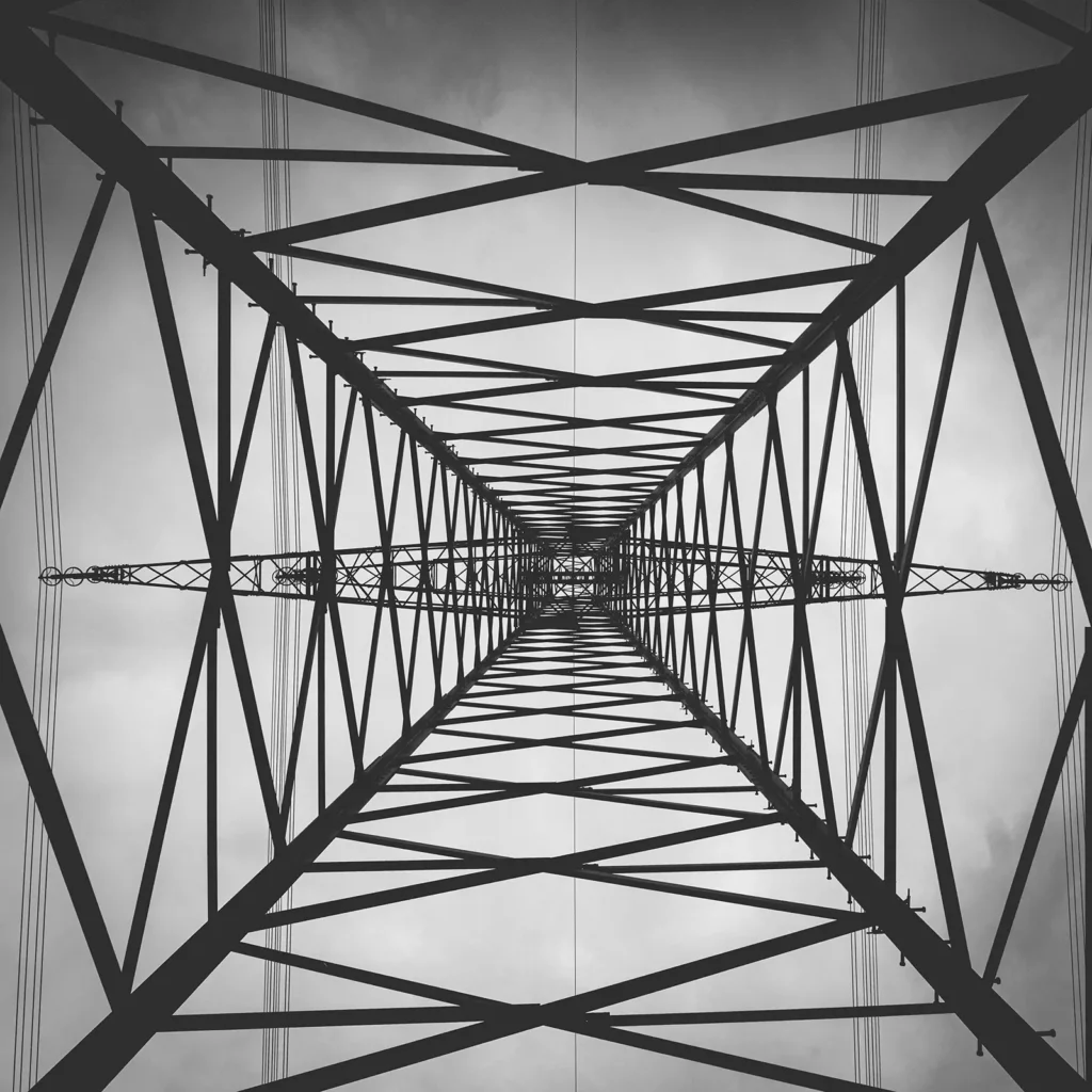 Der Blick in das Innere eines Hochspannungsmasts in schwarz weiss