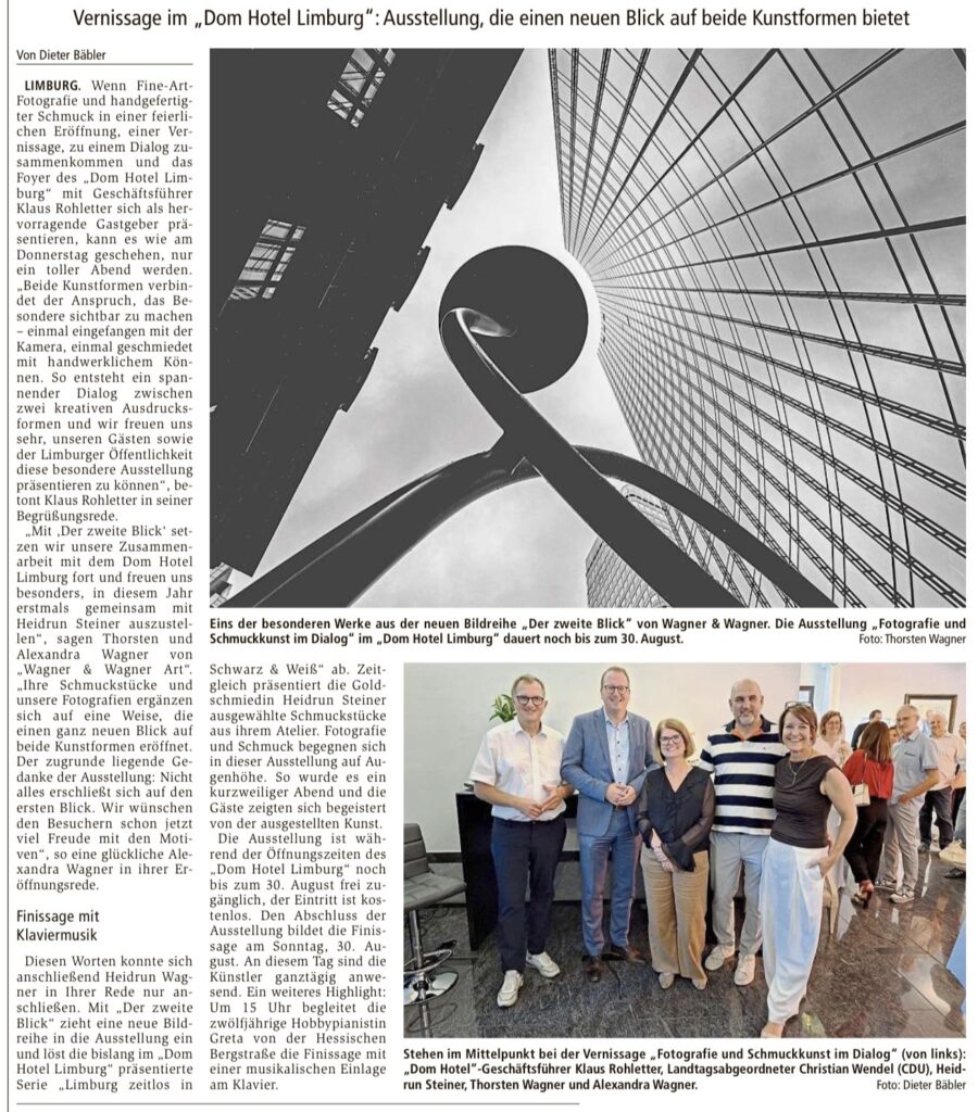 Zeitungsartikel über die Vernissage „Fotografie und Schmuckkunst im Dialog“ im Dom Hotel Limburg.